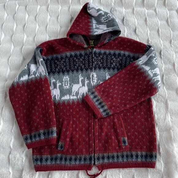 🔥Ruminahui Wool Alpaca Fuzzy Llama Southwest Native Aztec Hood Sweater Cardigan - Picture 5 of 16